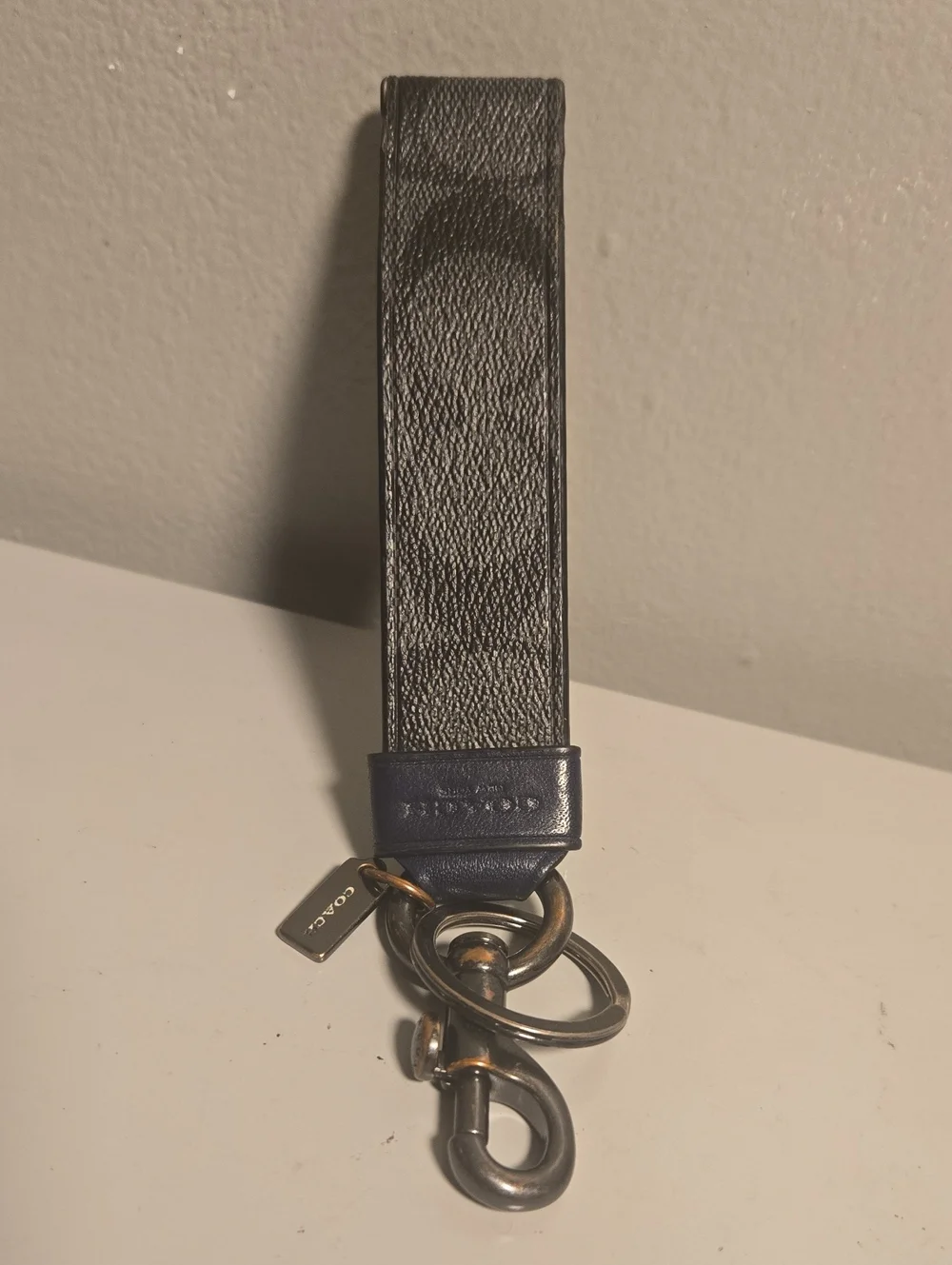 Coach Black & Gray Signature Wristlet Strap with Navy Trim